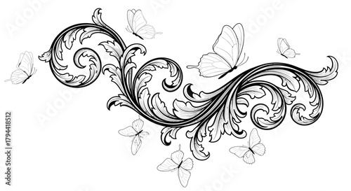 Elegant black and white illustration of a swirling floral scrollwork with delicate butterflies fluttering around it.
