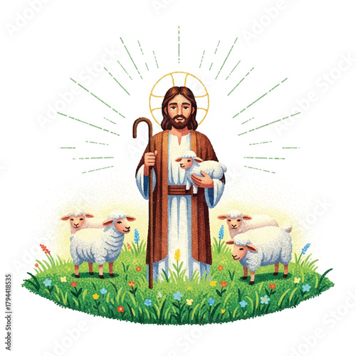 Illustration of Jesus Christ as the Good Shepherd, holding a lamb, surrounded by sheep in a green meadow with flowers and a halo.
