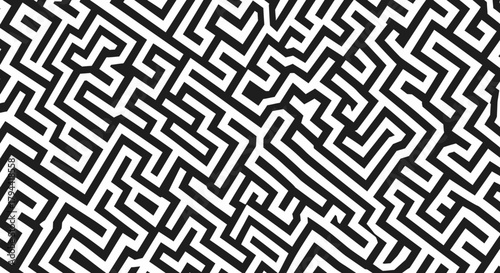 A complex black and white maze pattern with intricate pathways and dead ends, creating a challenging visual puzzle.
