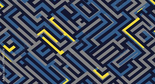 Abstract geometric maze pattern with diagonal lines in blue, grey, and yellow.