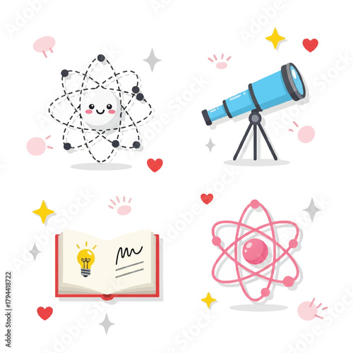 Cute cartoon illustration featuring an atom with a face, a telescope, an open book with a lightbulb, and a pink atom model.