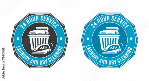 24 Hour Laundry and Dry Cleaning Service Emblem Vector Logo Icon Isolated on White Background