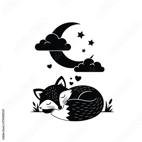 Black and white illustration of a sleeping fox curled up under a crescent moon, clouds, and stars with heart details.