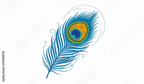 Elegant peacock feather floats gently against a white backdrop, showcasing vibrant blues and yellows in a minimalist and graceful style.