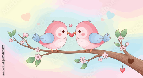 Cute cartoon vector illustration of two love birds on a spring blossom tree branch for a wedding card design