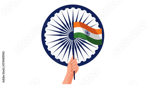 Hand holding indian flag with ashoka chakra waving proudly against white backdrop symbolizing independence day and national pride.