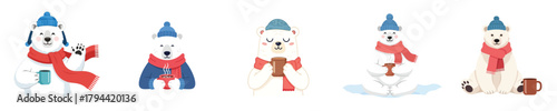 Cute polar bears enjoying warm drinks in winter, wearing hats and scarves