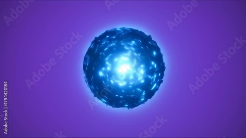 Abstract Blue Energy Orb Pulsating and Swirling on a Vibrant Purple Background.