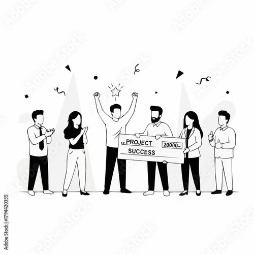 Team celebrates project success with a large check and cheers.