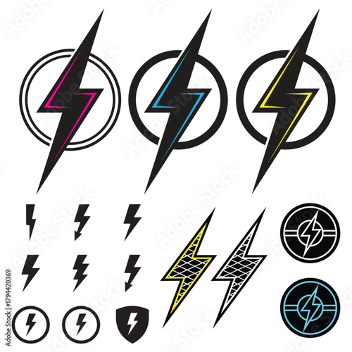 Colorful lightning bolt designs and symbols arranged in various circular and linear layouts