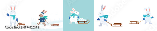 A collection of cute cartoon rabbit illustrations pulling a sled in the winter snow for a holiday concept