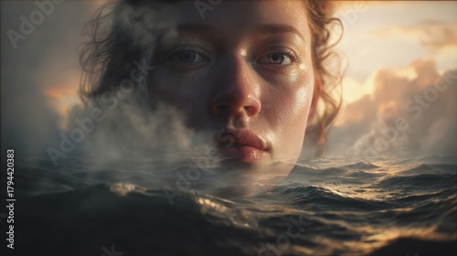 Fototapeta Naklejka Na Ścianę i Meble -  hyper realistic female portrait with ocean waves below, sunset lighting, sea mist connecting the and the water, emotional dreamlike realism