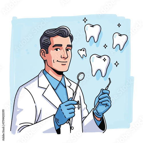 Cartoon illustration of a smiling male dentist holding dental tools with sparkling teeth floating in a blue background.