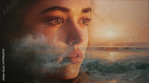 Fototapeta Naklejka Na Ścianę i Meble -  hyper realistic female portrait with ocean waves below, sunset lighting, sea mist connecting the and the water, emotional dreamlike realism