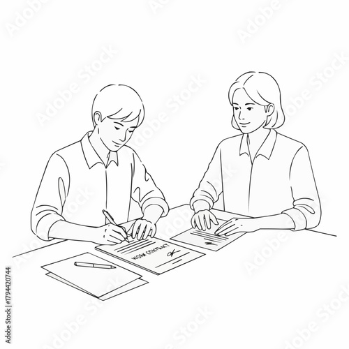 Two People Signing Documents at a Table.