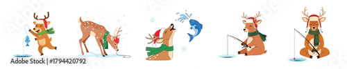 Festive Deer Fishing Adventure Winter Holiday Scene
