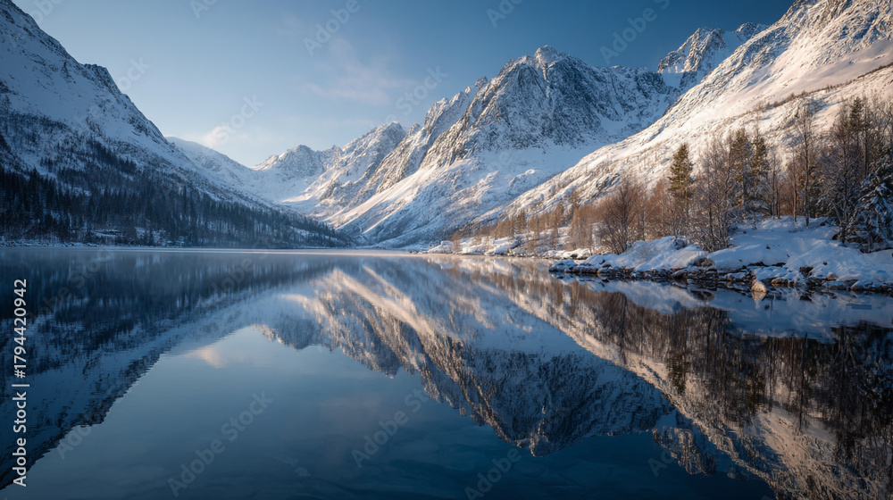 Obraz premium A serene winter landscape with snow covered mountains reflected in a calm lake surface