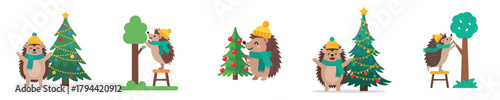 Festive Hedgehog Decorations Adorable Set Decorating Christmas Trees and Preparing for Winter