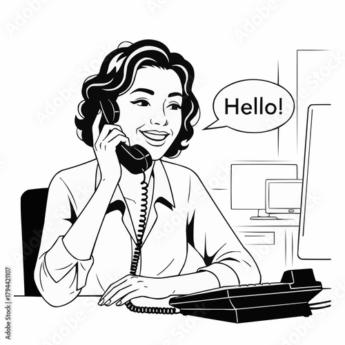 Black and white line drawing of a friendly woman answering a telephone.