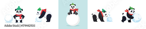 Cute Panda Characters in Snowman Building and Festive Scenarios