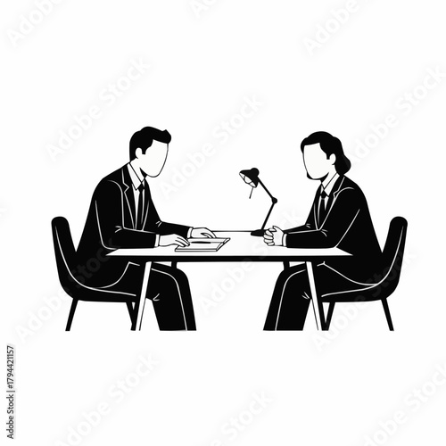 Two business professionals in a formal meeting illustration.