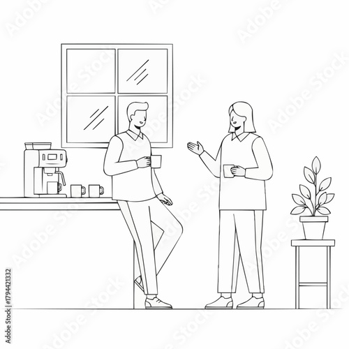 Two colleagues chatting during a coffee break in the office.