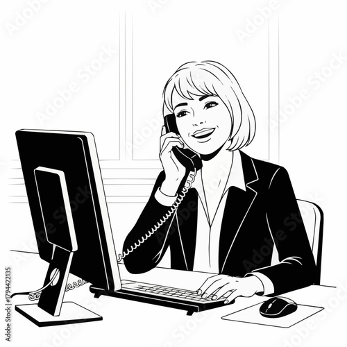 Smiling businesswoman talking on phone at office desk.
