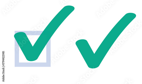 Green tick check mark checkbox element icon vector graphic illustration set, selected checkmark drawn sign symbol doodle isolated, vote poll confirm success checklist insignia