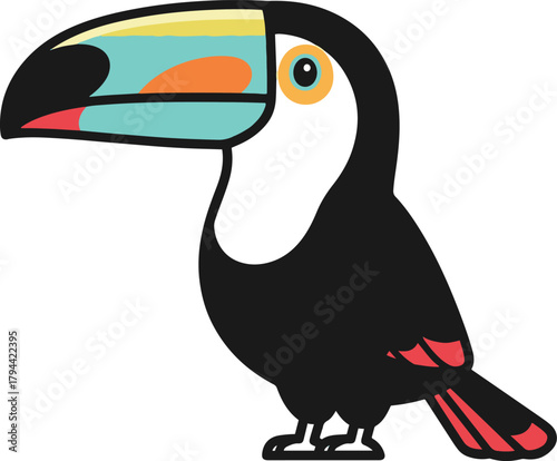 A stylized, simple vector illustration of a toucan standing, characterized by its predominantly black and white body and striking, large beak colored in shades of blue, orange, and yellow.