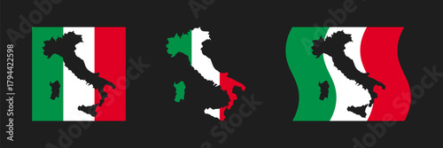 Italy Map with Italian Flag — Tricolor Silhouette Vector Set