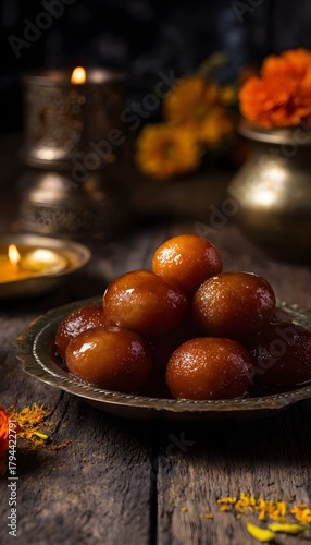 Festive Indian gulab jamun on rustic wood bathed in warm golden hour light a delightful dessert scene
