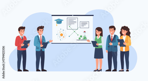Dynamic team presenting science and education data, showcasing research and learning concepts with modern visual aids, driving innovation and progress