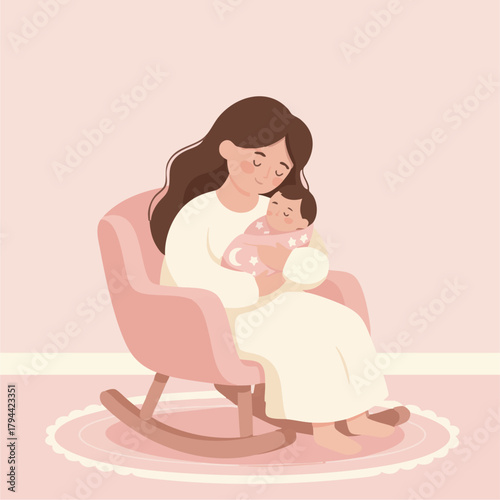 Mother Rocking Baby to Sleep
Flat-vector scene of mom sitting in a rocking chair holding a sleeping baby,