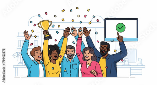 Team celebrates success with trophy and achievement in office environment.