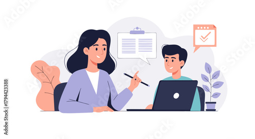 Dynamic coaching session with a professional woman guiding a focused student using a laptop for collaborative learning and task completion success