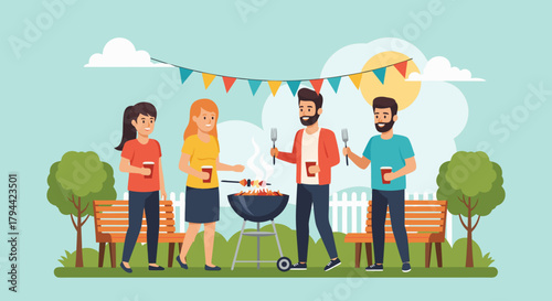Vibrant outdoor barbecue scene with friends enjoying summer grilling and drinks in a park, perfect for lifestyle, togetherness, and festive social gatherings