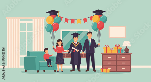 Celebrate Graduation Day with Family Cheer, Colorful Balloons, and Gifts in a Festive Home Setting, a Proud Achievement Remembered Forever
