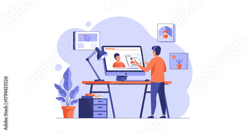 Modern graphic designer enhancing visual content on the computer, creating a compelling narrative for online presence, ideal for websites and promotions