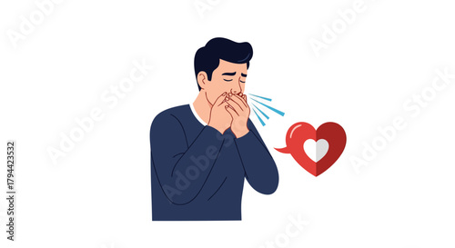 Upset man blowing nose with a broken heart, conveying sadness or heartbreak after a relationship ends, perfect for health and emotional well-being campaigns