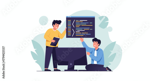 Dynamic software developers collaborating on code, designing user interfaces for modern applications, perfect for tech companies and innovative startups