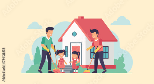 Happy family cleaning together around their house, parents teaching kids responsibility, family values and teamwork concept, originally a scalable graphic