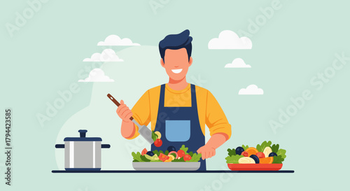 Smiling man happily prepares a healthy salad, promoting wellness and nutrition through fresh, vibrant ingredients in a modern kitchen scene