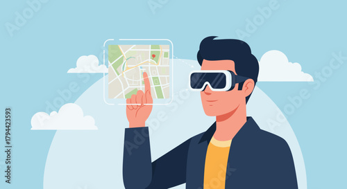 Modern man using VR glasses to navigate virtual map, exploring the future of augmented reality location technology for travel and innovative business solutions