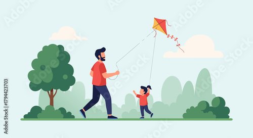 Wholesome moment of father and daughter joyfully flying a kite together in the park, capturing family fun and outdoor activity in a happy, loving illustration