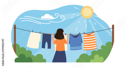 Enjoying fresh air while hanging laundry under the bright sun on a breezy day, domestic lifestyle, outdoor routine, scalable vector graphics