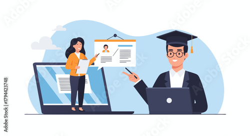 Engaging online education with a graduate mentor and professor, offering modern and professional virtual learning resources for student success