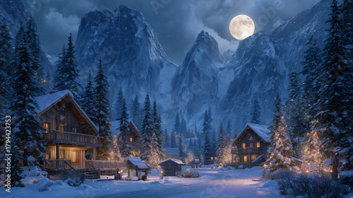 A cozy alpine Christmas village nestled in a snowy valley, 