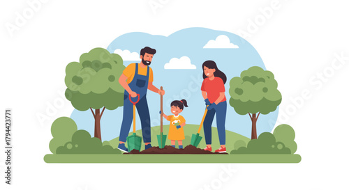 Happy family planting together in garden, teaching child about nature and teamwork, vector art evokes joyful moments of shared activity and growth outdoors