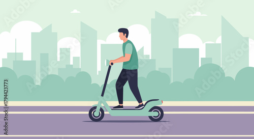 Man enjoying modern urban lifestyle riding electric scooter through city, promotes eco friendly transport and sustainable commuting with ease and style