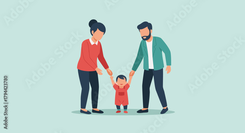 Happy family support and love, parents help baby take first steps, family bonding moment, childhood development, vector illustration, togetherness